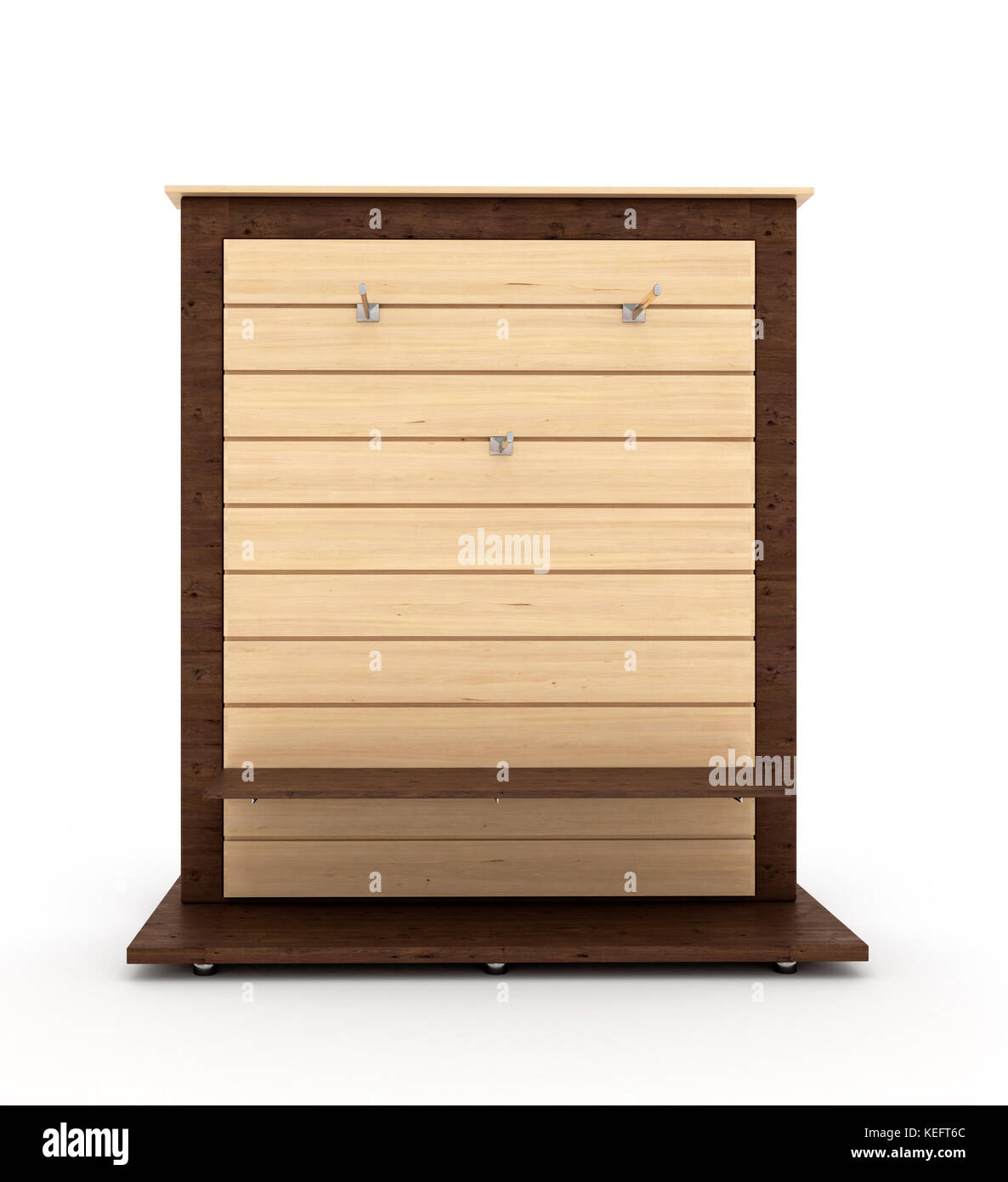 empty wooden two-color commercial shelving isolated on white Stock Photo