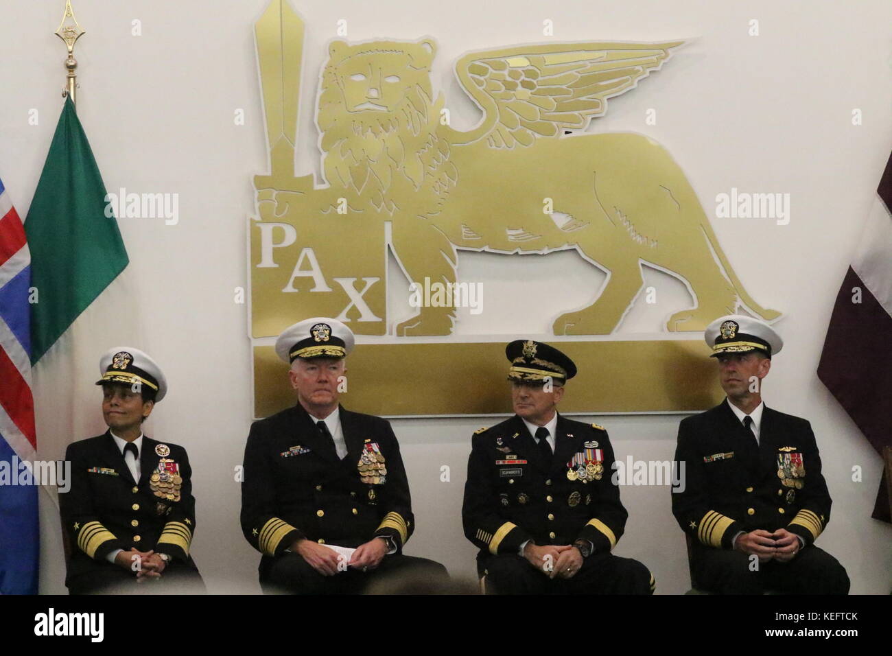 Giugliano In Campania, Italy. 20th Oct, 2017. Military Ceremony 'Command Exchange' at JFC Naples Headquarters. In picture in order L to R: Admiral Michelle J.Howard, Admiral James G. Foggo III, General Curtis M. Scaparrotti, Admiral John M. Richardson. Military Ceremony 'Command Exchange' at JFC Naples Headquarters. Credit: Salvatore Esposito/Pacific Press/Alamy Live News Stock Photo