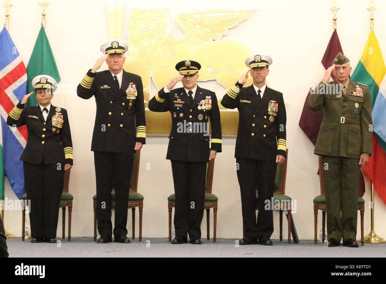 Giugliano In Campania, Italy. 20th Oct, 2017. Military Ceremony 'Command Exchange' at JFC Naples Headquarters. In picture in order L to R: Admiral Michelle J.Howard, Admiral James G. Foggo III, General Curtis M. Scaparrotti, Admiral John M. Richardson, General Thomas D. Waldhauser Military Ceremony 'Command Exchange' at JFC Naples Headquarters. Credit: Salvatore Esposito/Pacific Press/Alamy Live News Stock Photo
