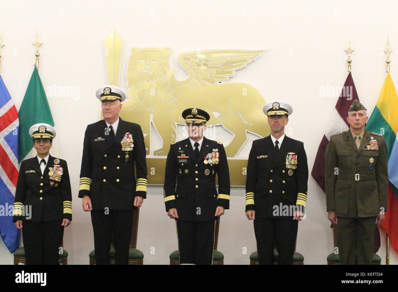 Giugliano In Campania, Italy. 20th Oct, 2017. Military Ceremony 'Command Exchange' at JFC Naples Headquarters. In picture in order L to R: Admiral Michelle J.Howard, Admiral James G. Foggo III, General Curtis M. Scaparrotti, Admiral John M. Richardson, General Thomas D. Waldhauser Military Ceremony 'Command Exchange' at JFC Naples Headquarters. Credit: Salvatore Esposito/Pacific Press/Alamy Live News Stock Photo