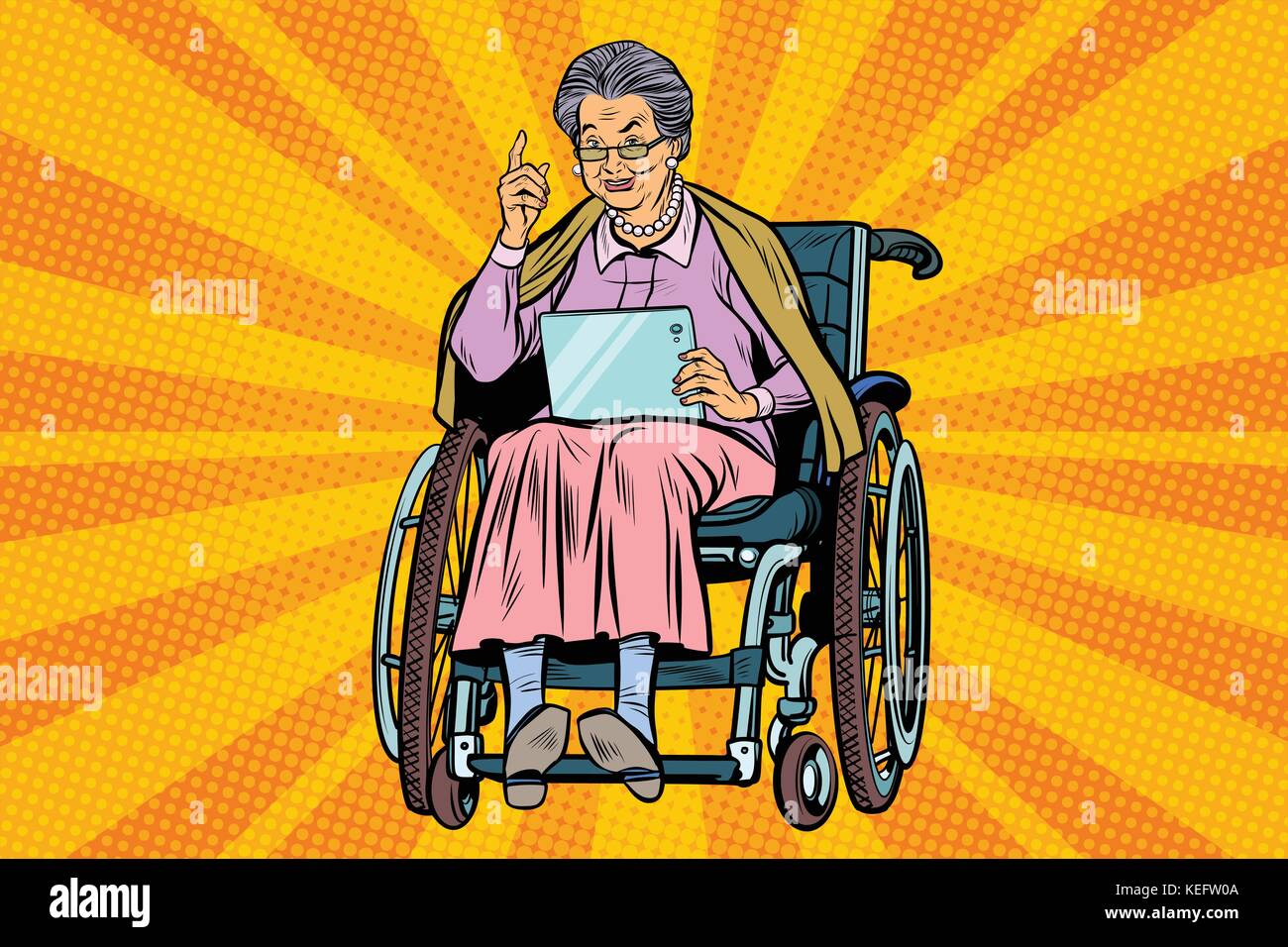 elderly woman disabled person in a wheelchair, gadget tablet Stock Vector