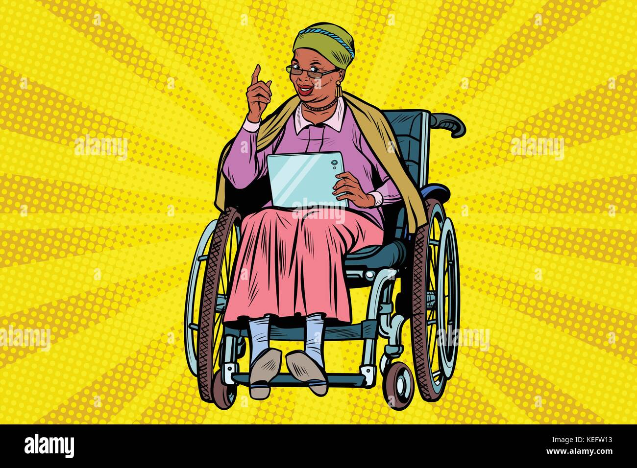 elderly African woman disabled person in a wheelchair, gadget ta Stock Vector