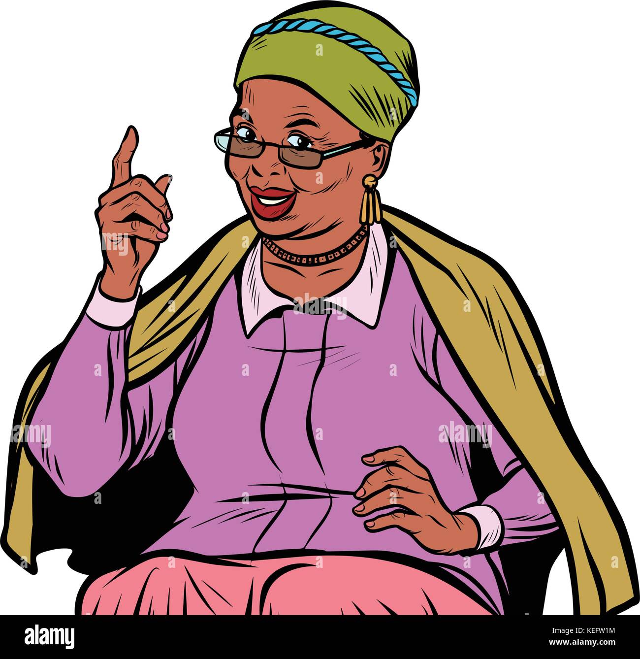 African elderly woman pointing finger up, isolate on white backg Stock Vector