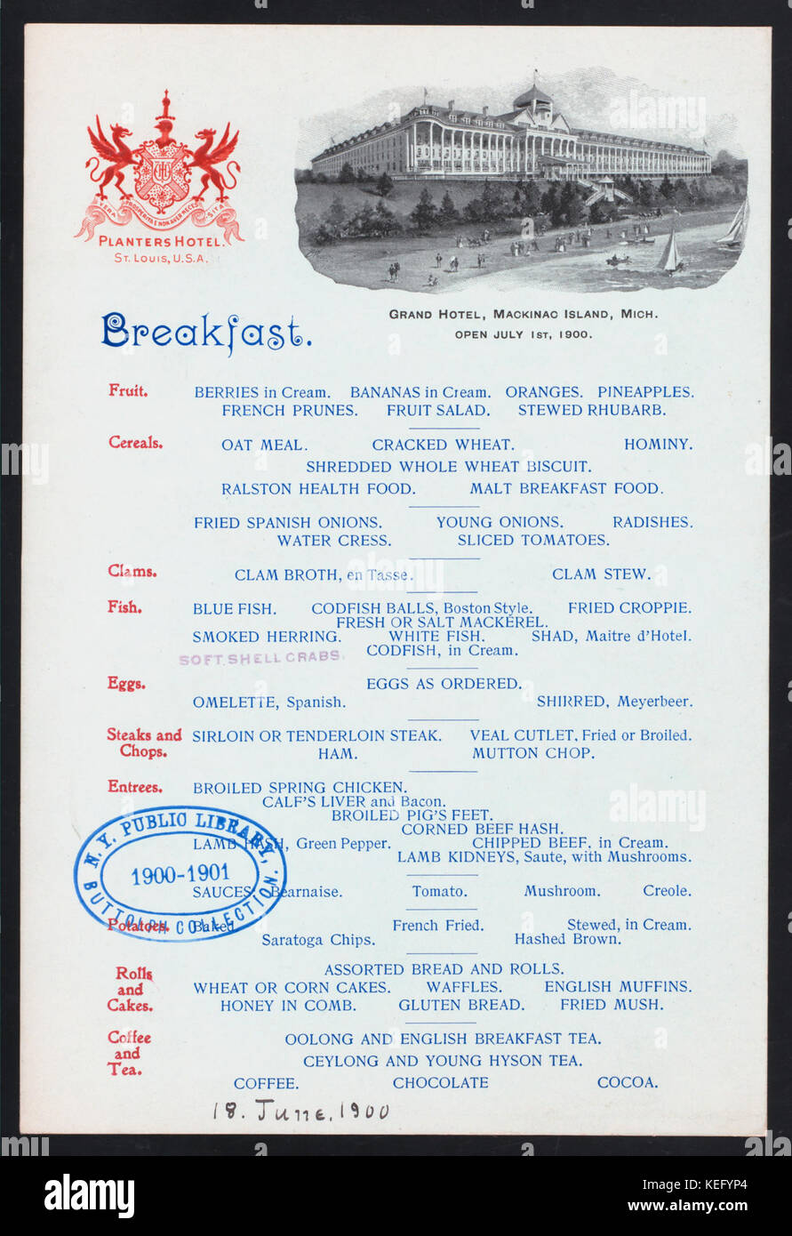 BREAKFAST (held by) PLANTERS HOTEL (at) ST. LOUIS, (MO) MENU SAYS U.S.A