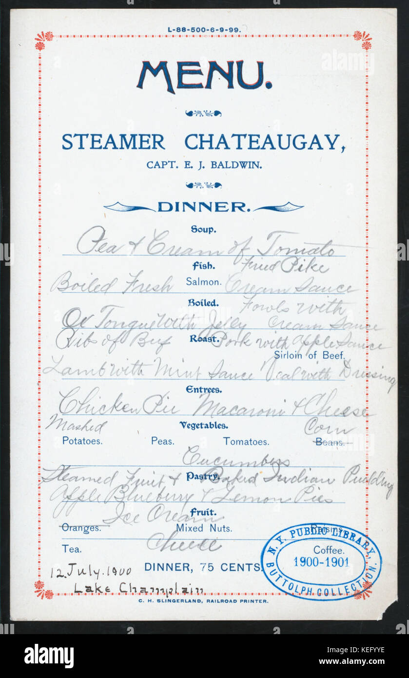 DINNER (held by) STEAMER CHATEAUGAY (at) ABOARD SS CHATEAUGAY, (LAKE