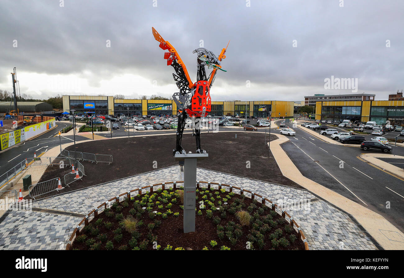 A 30 foot Liverbird made from Meccano on display outside the new Edge Lane Shopping Centre in Liverpool. Stock Photo