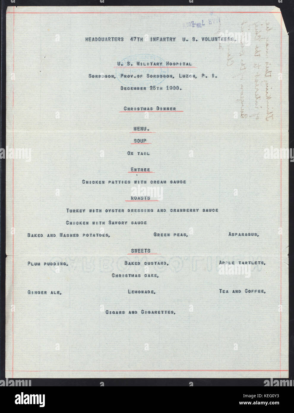 CHRISTMAS DINNER (held by) HEADQUARTERS 47TH INFANTRY U.S. VOLUNTEERS (at)  U.S.MILITARY HOSPITAL, SORSOGON, LUZON P.I.  (FOR;) (NYPL Hades 275267 476366) Stock Photo