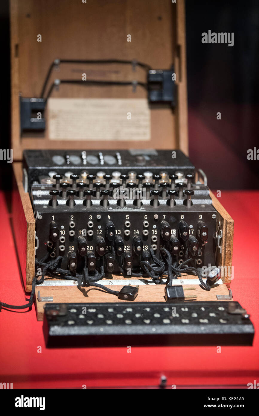A working World War II Enigma machine at the Codebreakers and Groundbreakers' exhibition in the Fitzwilliam Museum, in Cambridge. Stock Photo