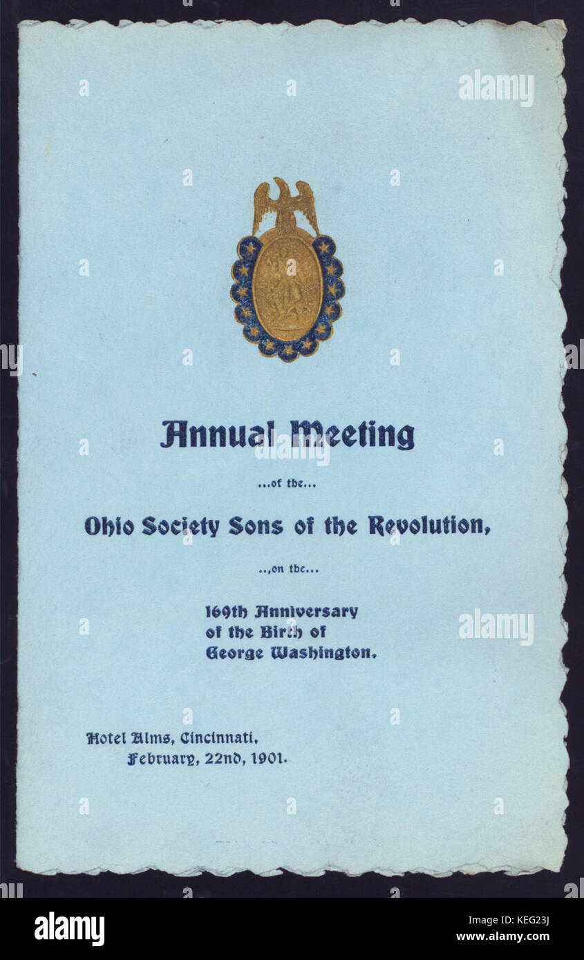 ANNUAL MEETING ON THE 169TH ANNIVERSARY OF THE BIRTH OF GEORGE WASHINGTON (held by) OHIO SOCIETY SONS OF THE REVOLUTION (at)  ALMS HOTEL, CINCINNATI, OH  (HOTEL;) (NYPL Hades 275636 476735) Stock Photo