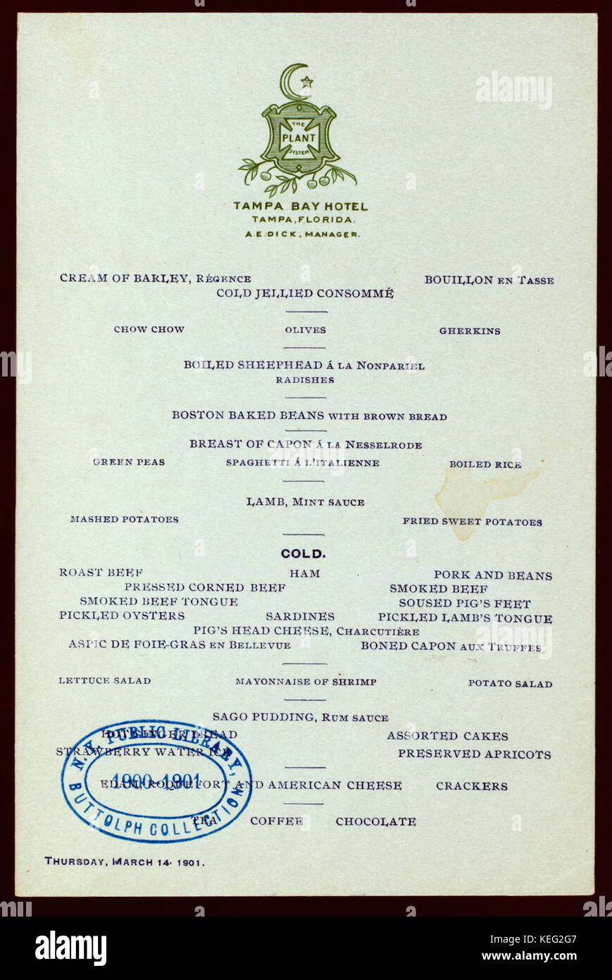 LUNCHEON (held by) TAMPA BAY HOTEL (at)  TAMPA, FL  (HOTEL;) (NYPL Hades 275781 476880) Stock Photo