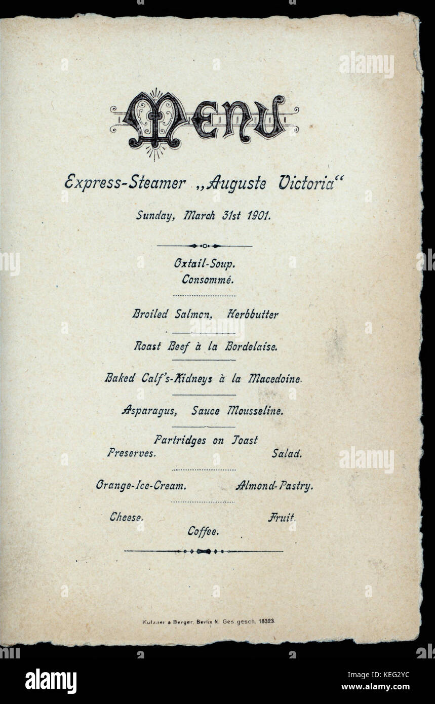 DINNER (held by) HAMBURG AMERIKA LINIE (at)  SCHNELLDAMPFER   AUGUSTE VICTORIA    (SS;) (NYPL Hades 275919 4000013060) Stock Photo