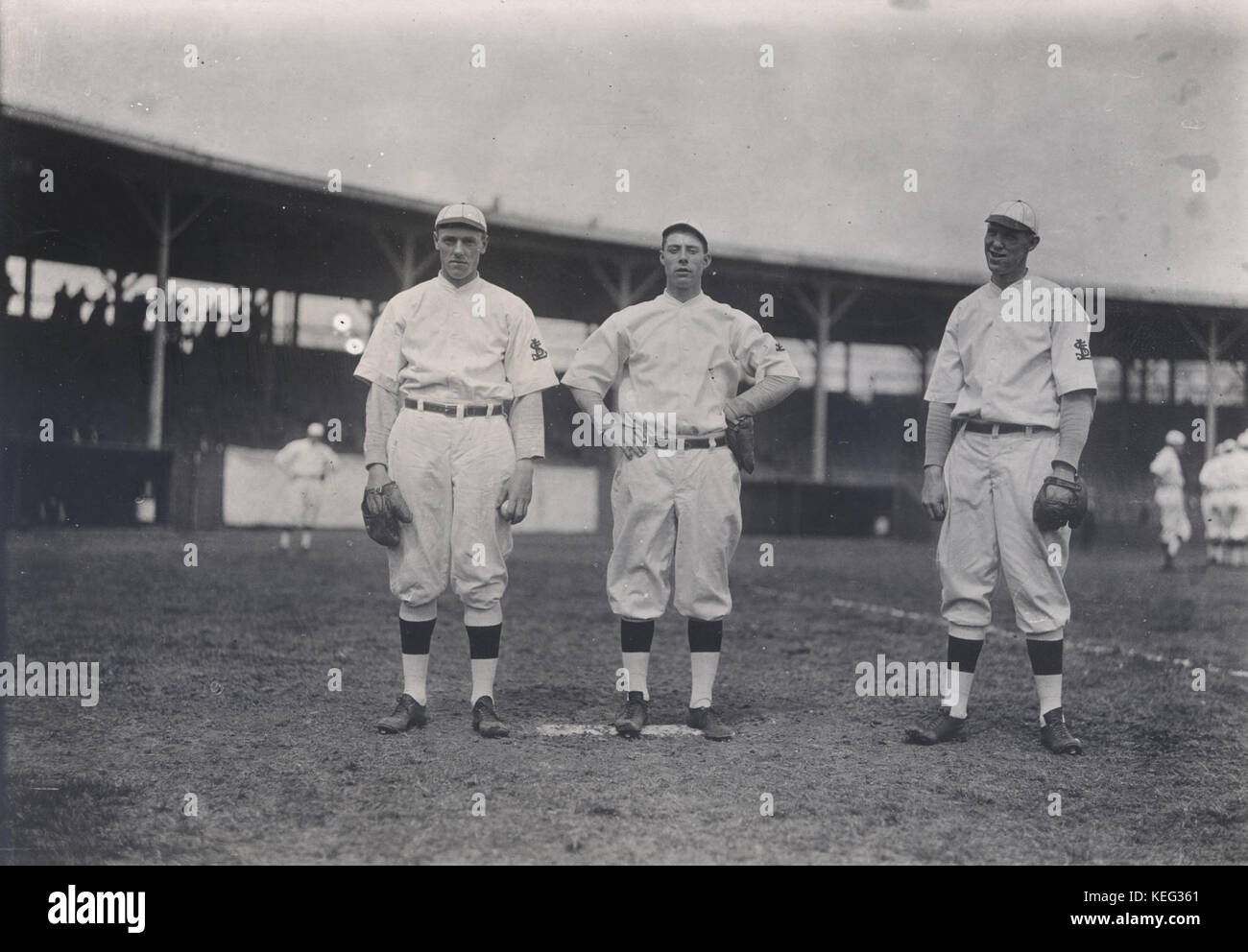 Three Cardinals players at opening day, 1912. Left, Joe Willis, right