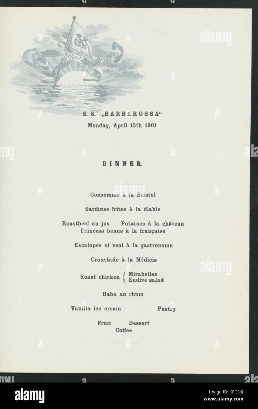 MITTAGESSEN   DINNER (held by) NORDDEUTSCHER LLOYD BREMEN (at)  DAMPFER   BARBAROSSA    (SS;) (NYPL Hades 276019 4000013213) Stock Photo