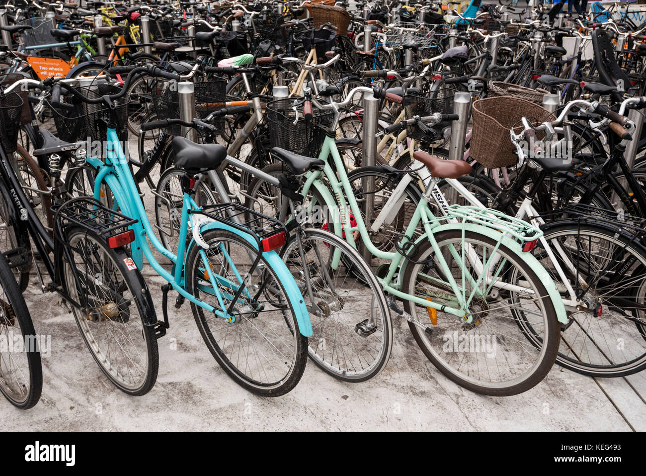 Bicycle parking on city street, Copenhagen, Denmark Stock Photo