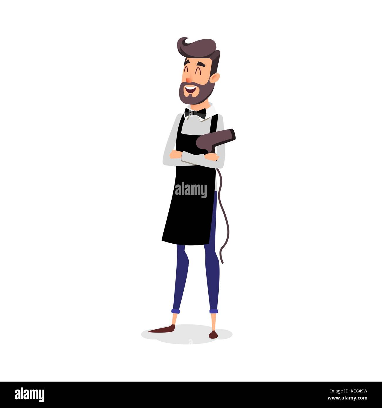 Cartoon successful hairdresser in an apron with a hair dryer in hand. Young  A stylish hairdresser with a beard. Professional fashion stilist smiling on  a white background Stock Vector Image & Art -