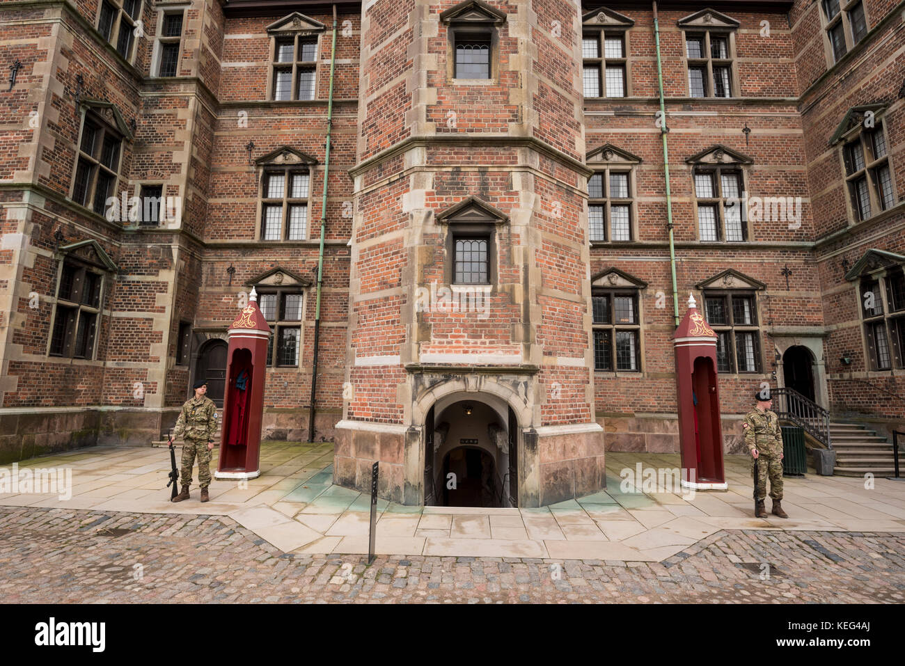 The guards ta the entrance of the Rosenborg castle, Copenhagen, Denmark Stock Photo