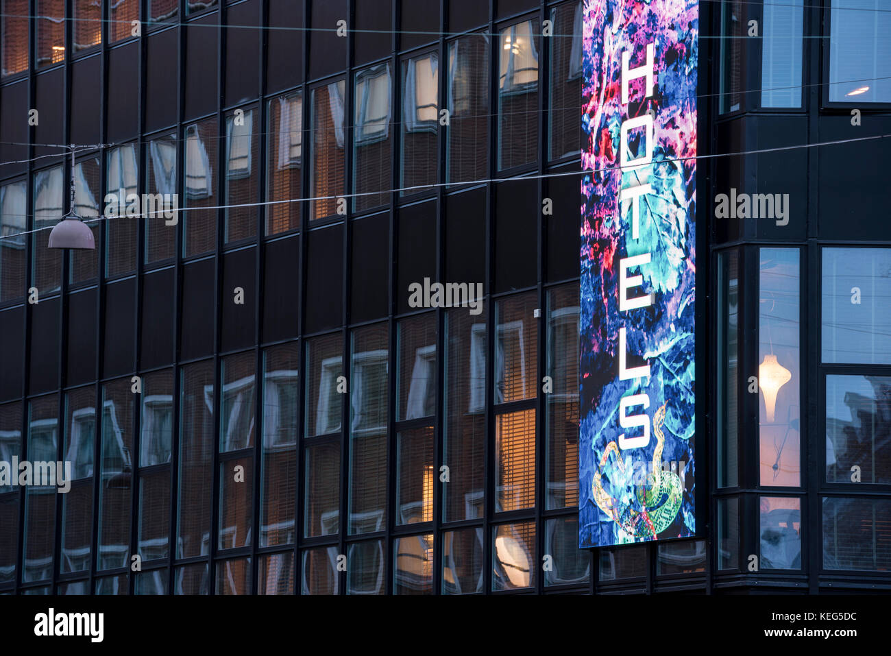 Facade of a hotel with bright  signboard . Copenhagen,Denmark,Europe Stock Photo