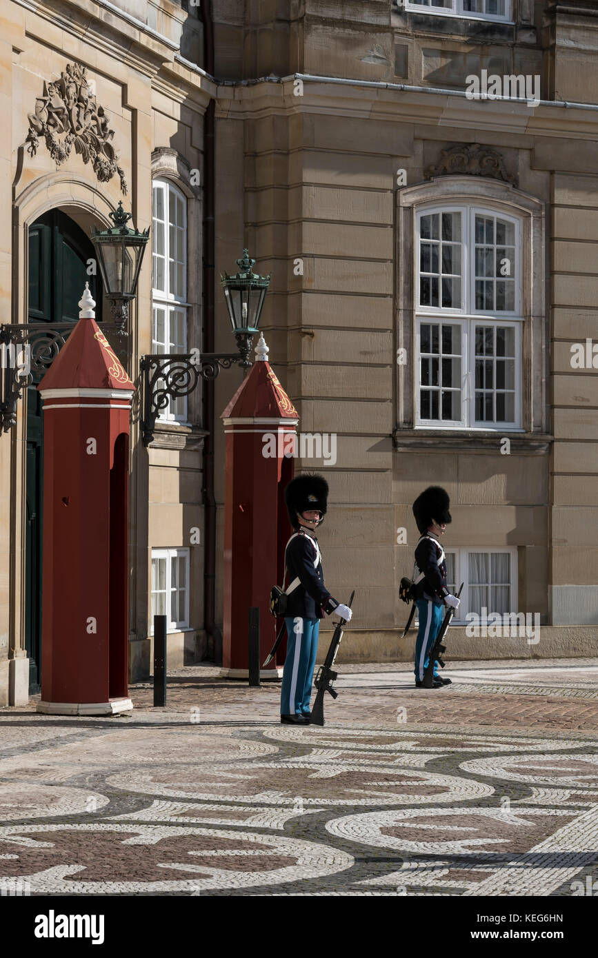 Royal guards on duty at the palace, Amalienborg Palace, Copenhagen, Denmark Stock Photo