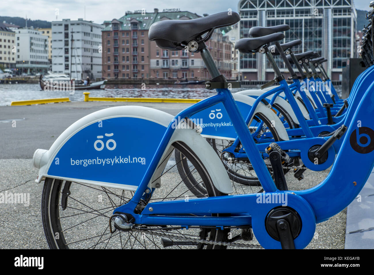 NORWAY, BERGEN - AUGUST 8, 2017: Parked bikes of the bike sharing program bergenbysykkel in Bergen - 2 Stock Photo