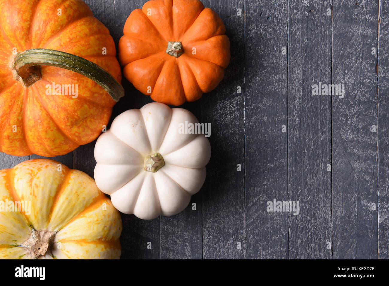 Assorted decorative pumpkins on rustic wood background with copy space ...