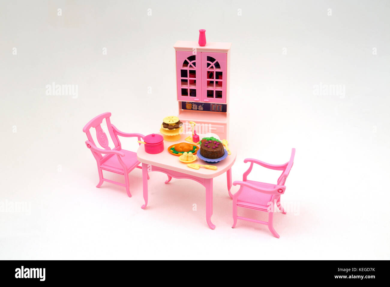 Vintage 1990's Barbie 'So Much To Do'  Dining Room Set - Table and Chairs with Cabinet Stock Photo