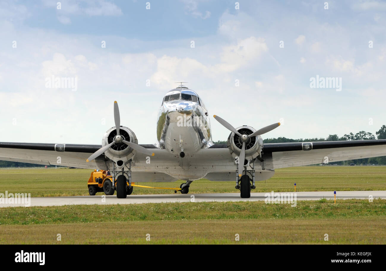 Classic turboprop airplane in silver color front view Stock Photo - Alamy