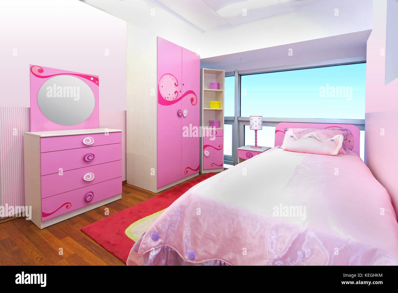 Modern Girl Bedroom Interior With Pink Furniture Stock Photo Alamy