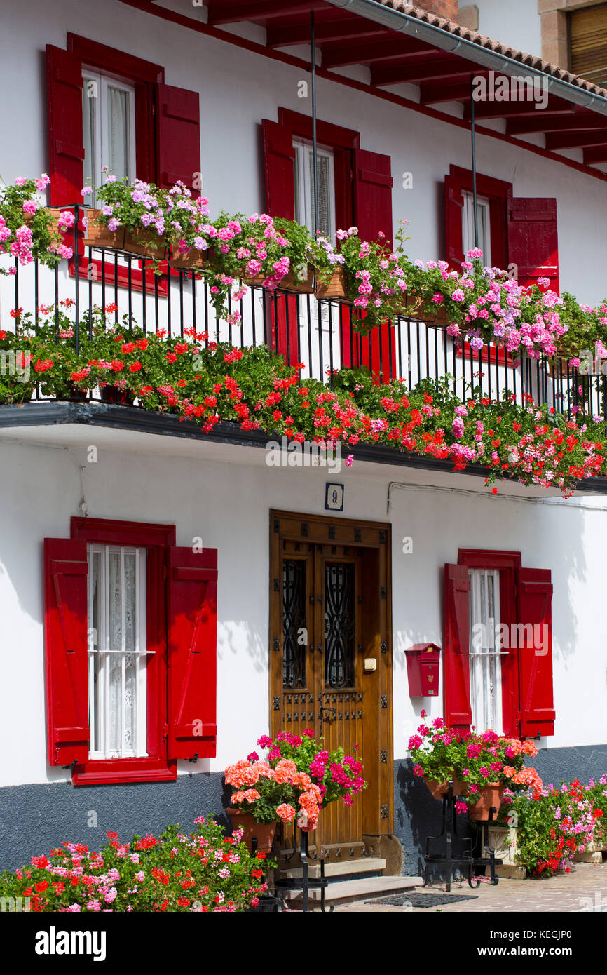 Typical Basque townhouse in town of Oroz Betelu in Navarre, Northern Spain Stock Photo