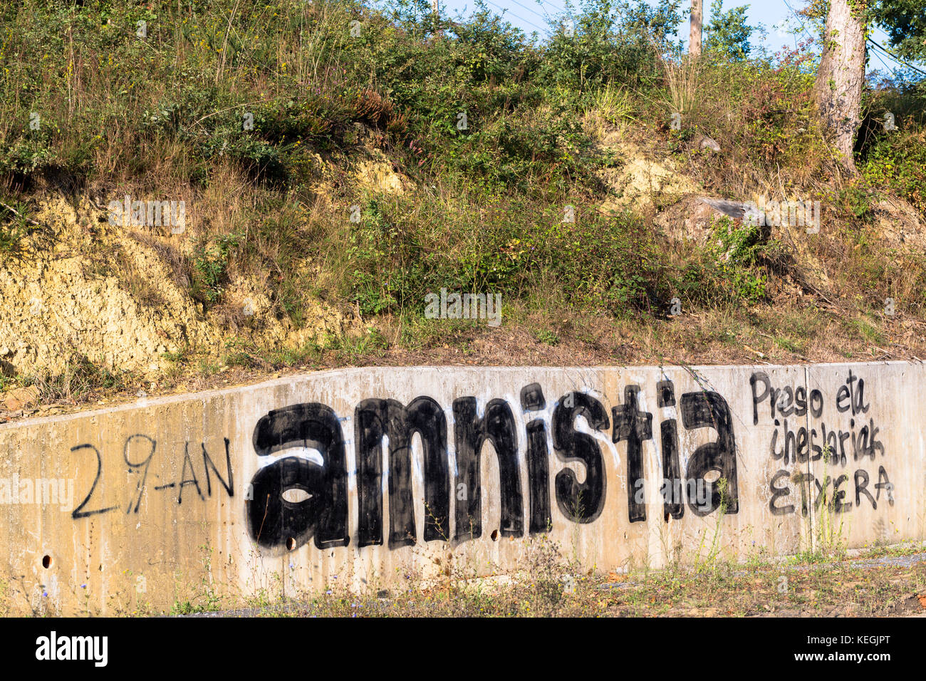 Amnistia banner at Zubialde promoting Amnesty, after 29 years of protests, in Biskaia Basque region, Spain Stock Photo