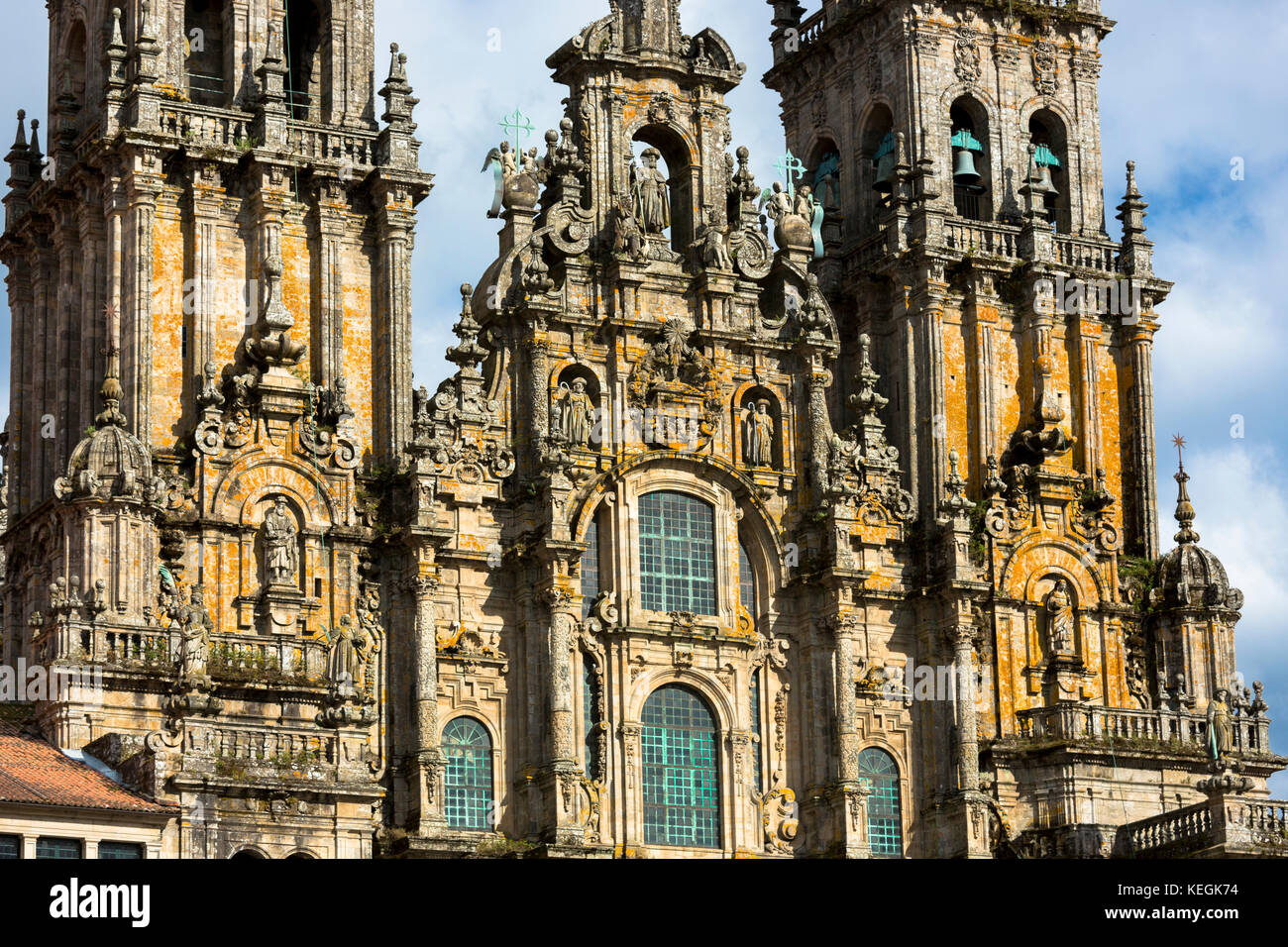 Facade do Obradoiro of the Baroque style Roman Catholic cathedral, Catedral de Santiago de Compostela, Galicia, Spain Stock Photo