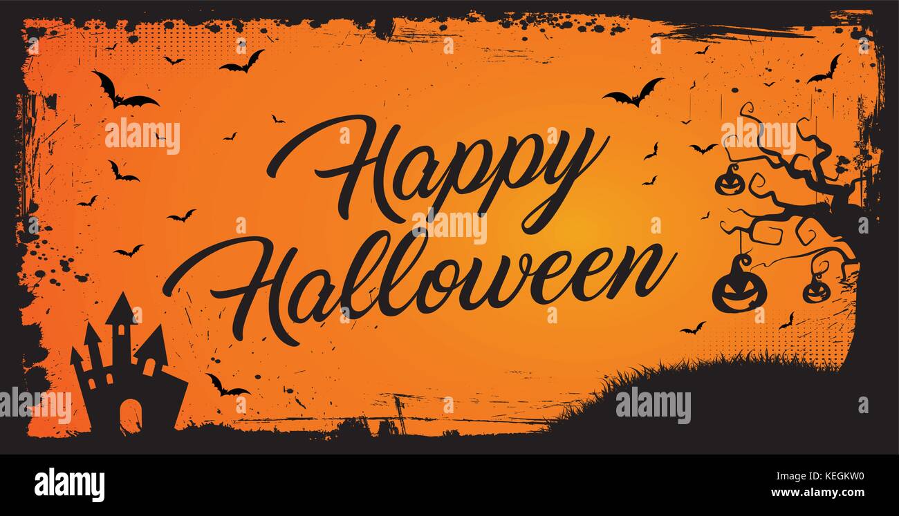 Horizontal Happy Halloween banner, orange background with grunge border ...