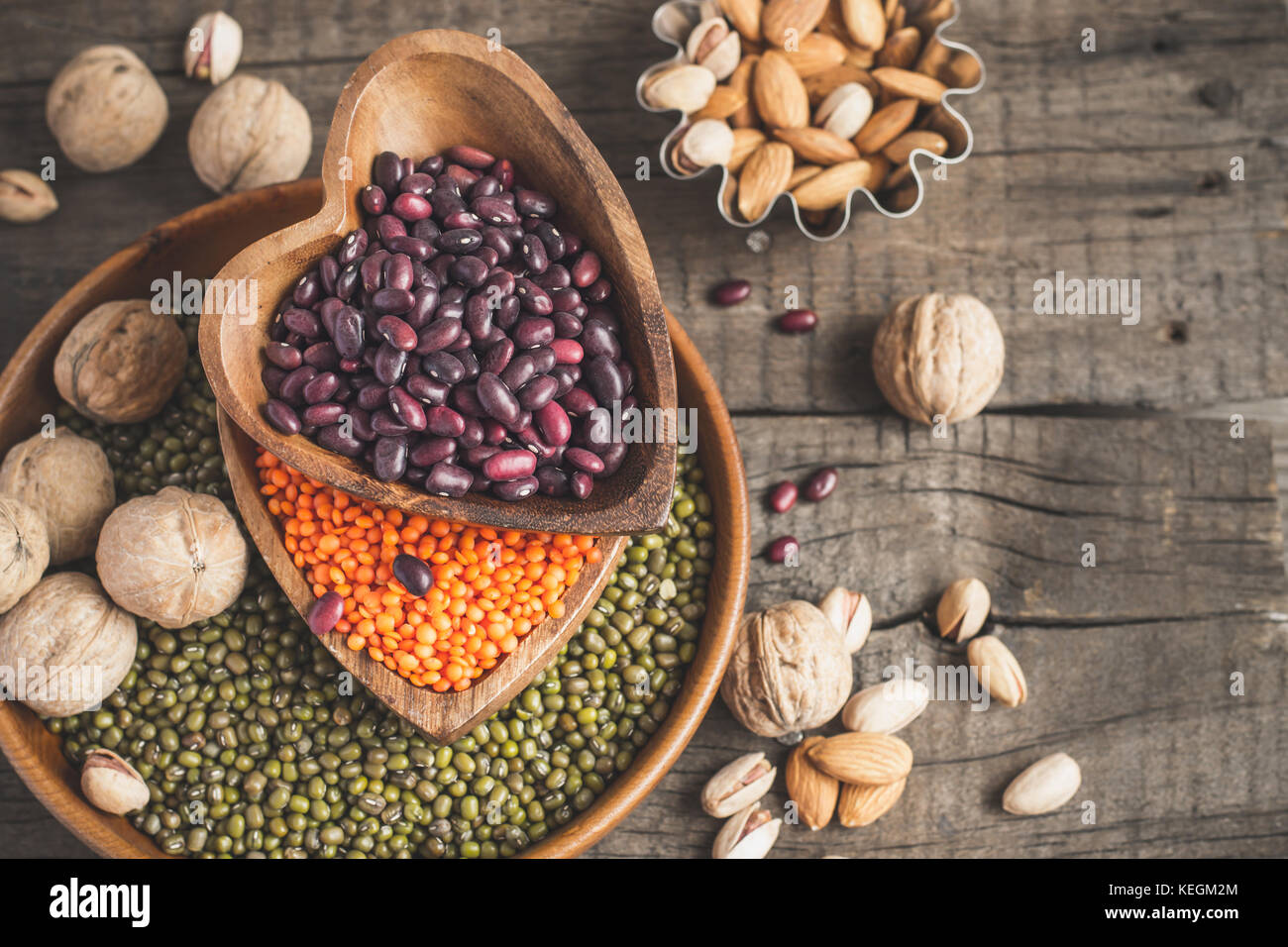 Sources of vegetable protein are various legumes and nuts. Top view