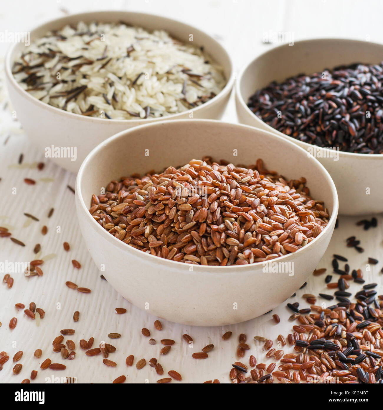Selection of variety of gourmet rice in bowls. Selective focus Stock ...