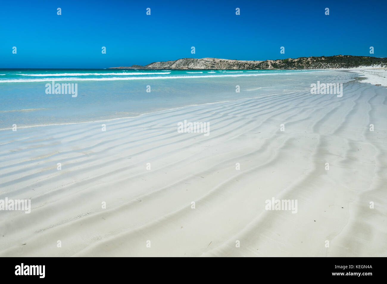 White sand and turquoise water at Sensation Beach in Coffin Bay National Park. Stock Photo
