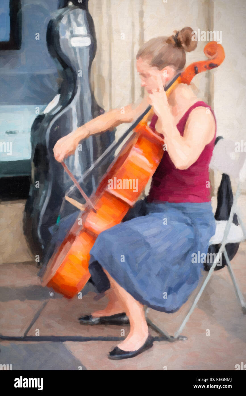 Painting of beautiful young girl playing the cello sitting in a chair Stock Photo