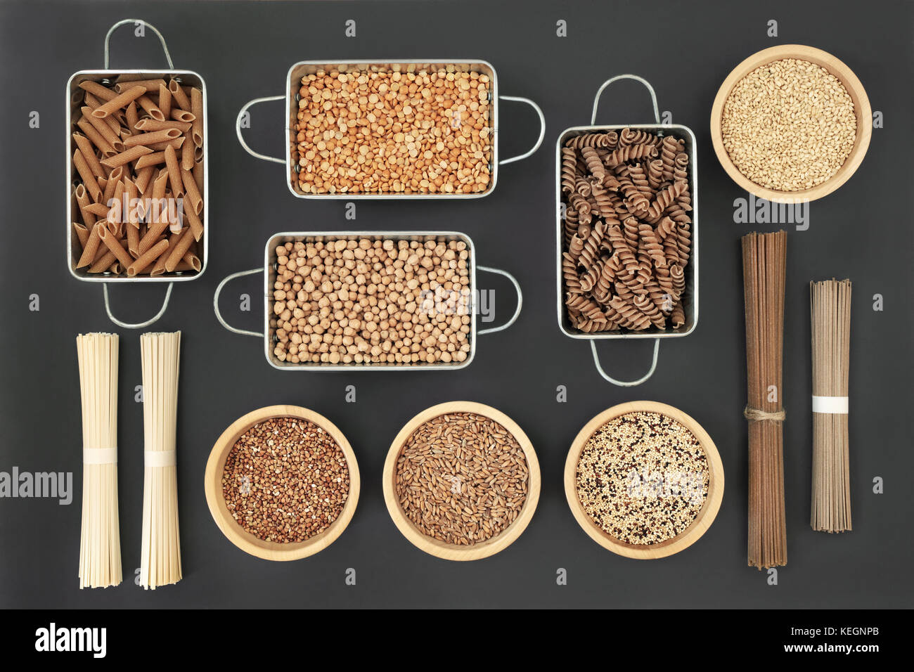 Dried macrobiotic health food with udon and soba noodles, grains