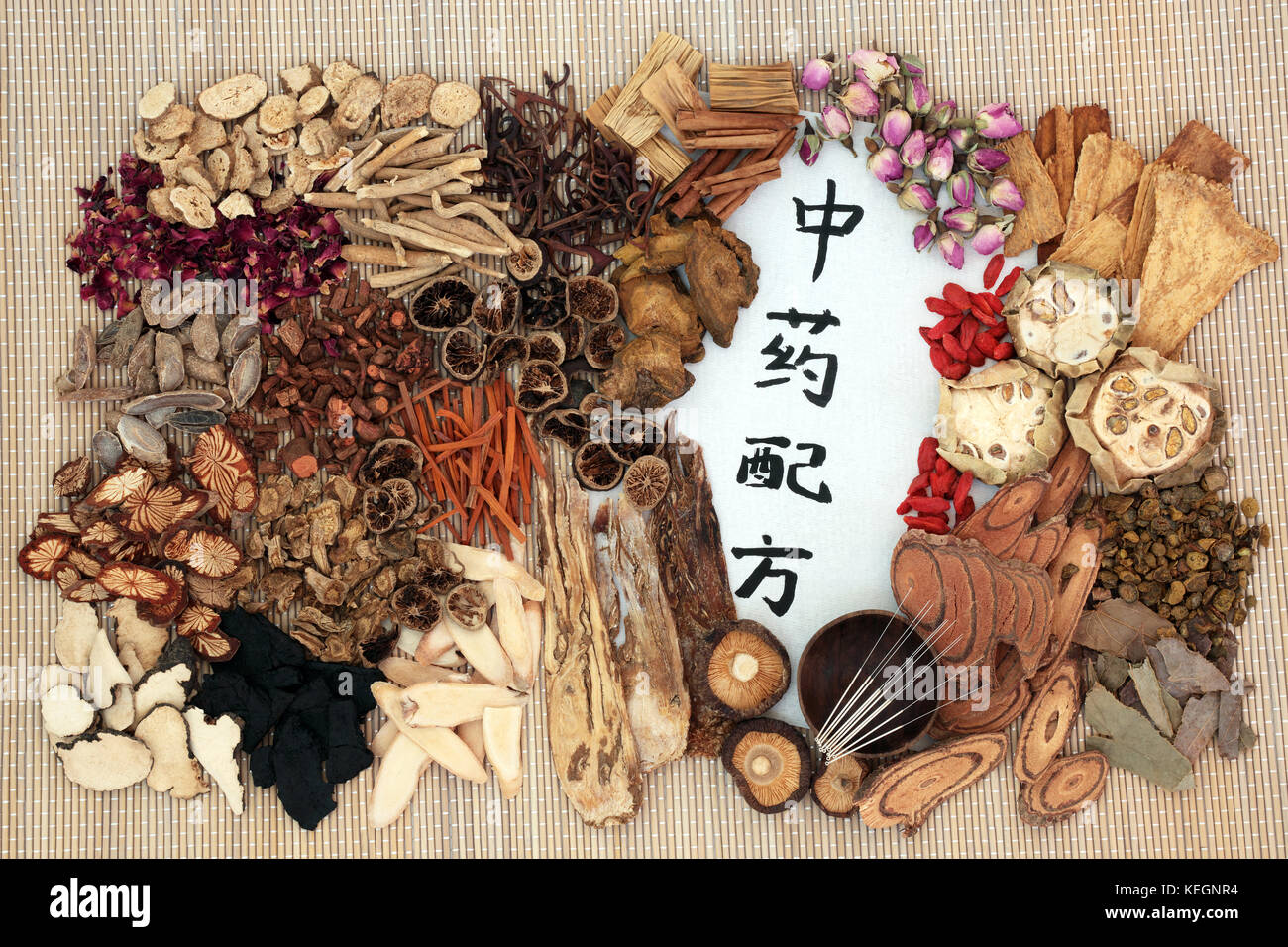 Chinese alternative herbal medicine with acupuncture needles, herbs and