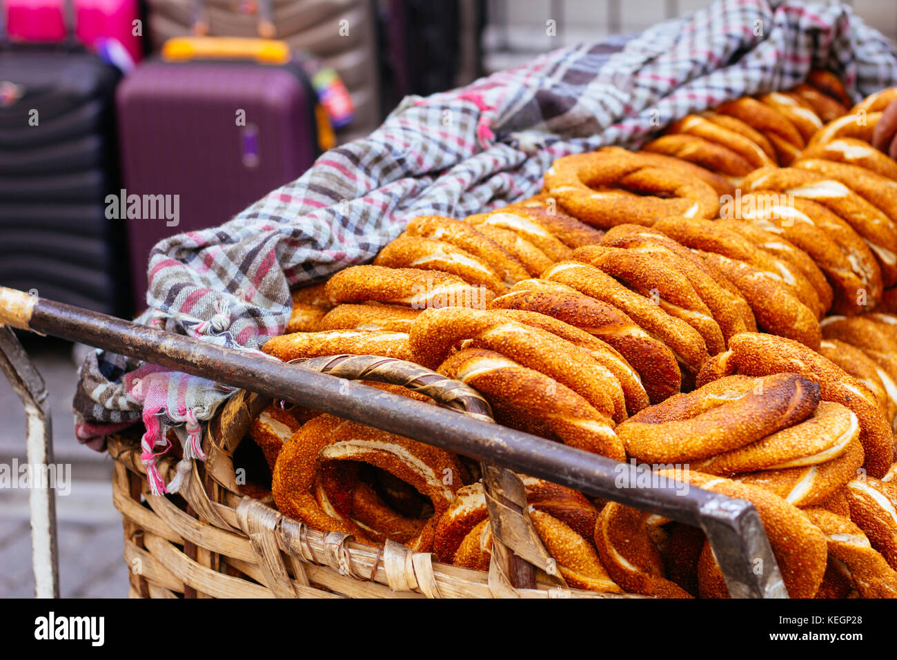 Cart with turkish bagels selective focus Stock Photo