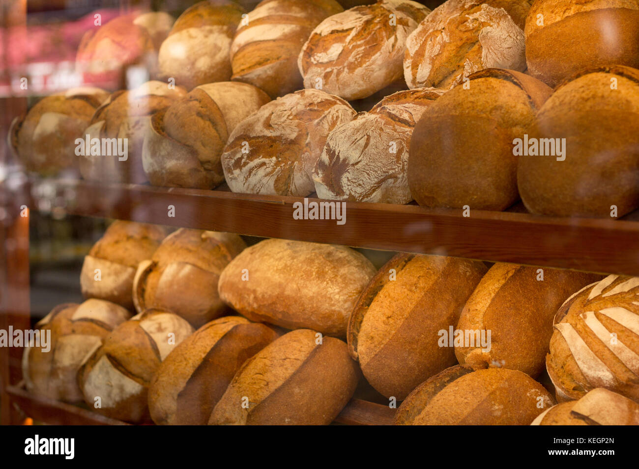 Farmhouse bread on the show window selective focus Stock Photo