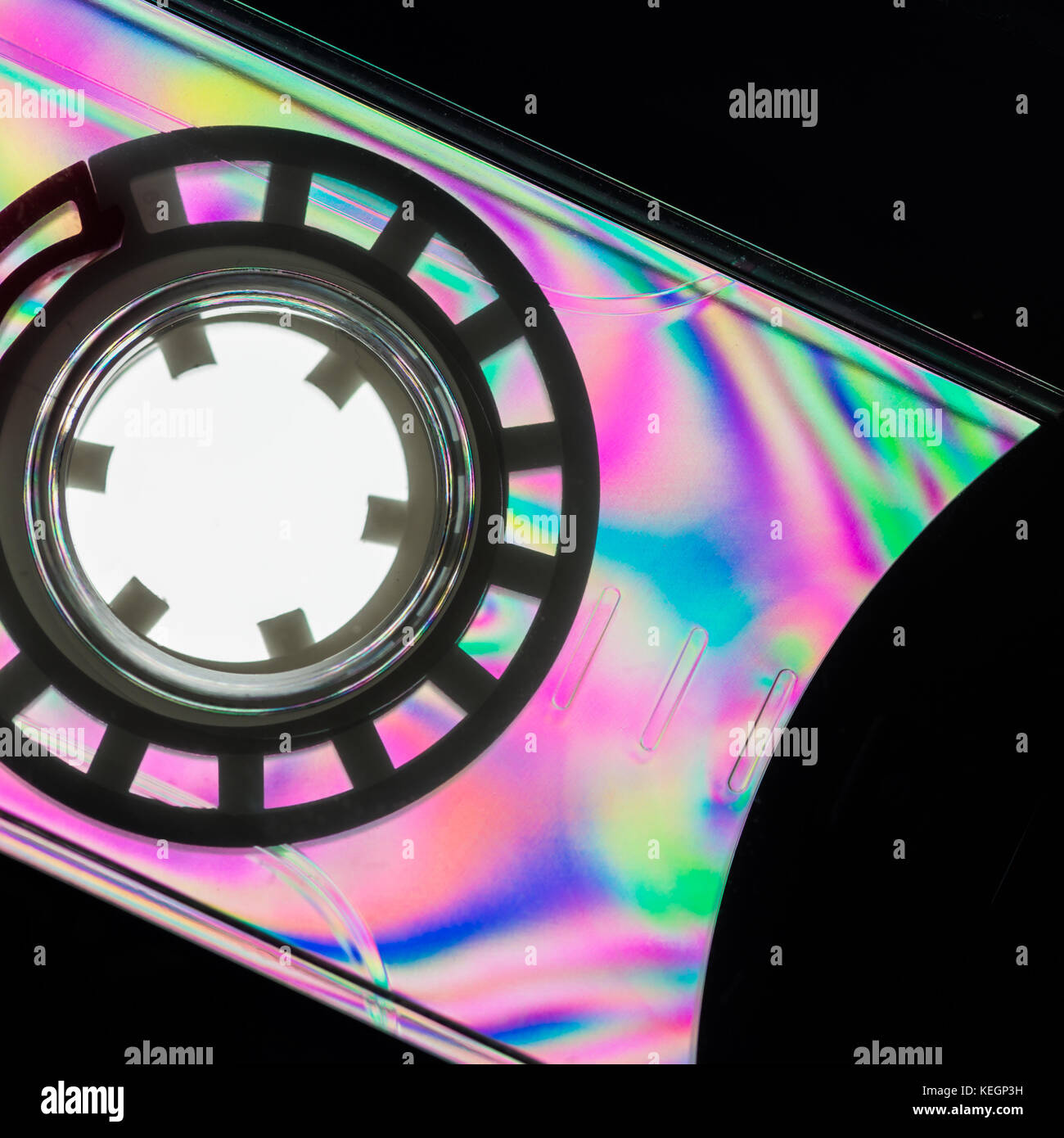 A colourful macro shot of a plastic cassette tape shot through linear polarising film. Stock Photo