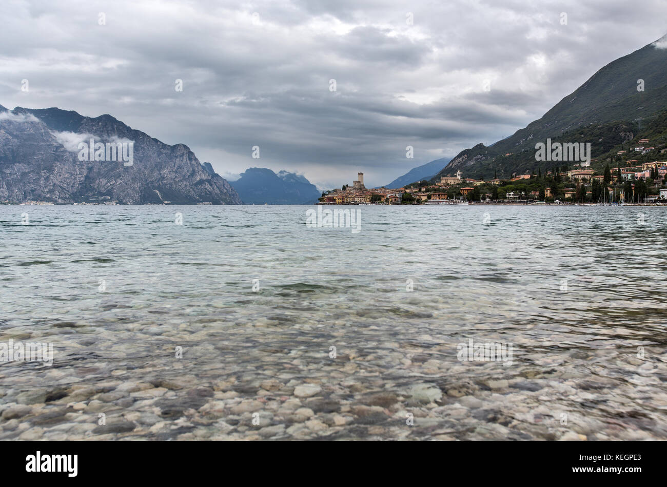 Town of Malcesine, Lake Garda, Italy. Picturesque view of Lake Garda with the town on Malcesine in the background. Stock Photo