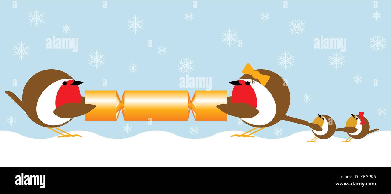 family of robin redbreasts pulling a Christmas cracker in the snow Stock Vector
