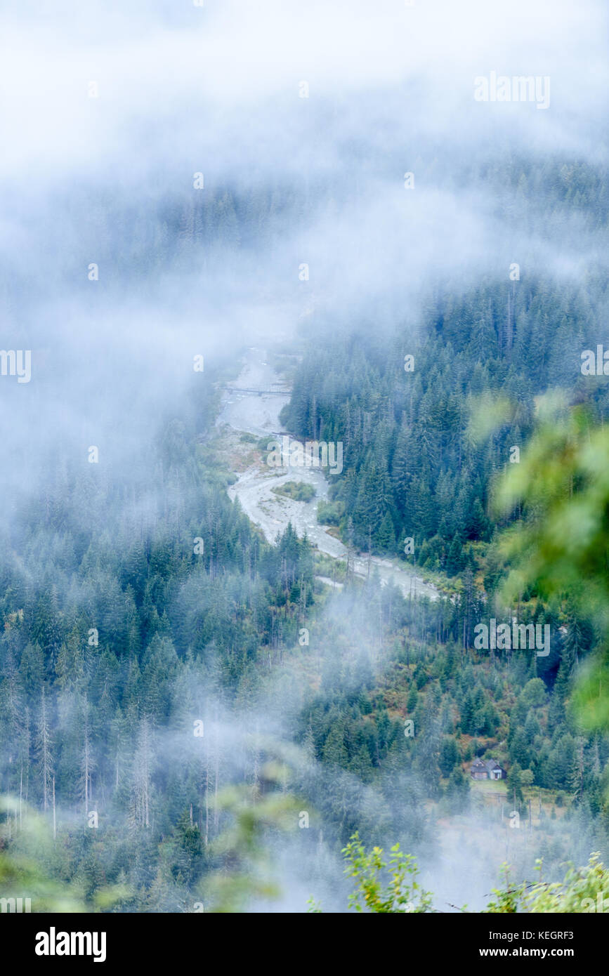 panoramic view of of mountains in misty forest. far horizon Stock Photo ...