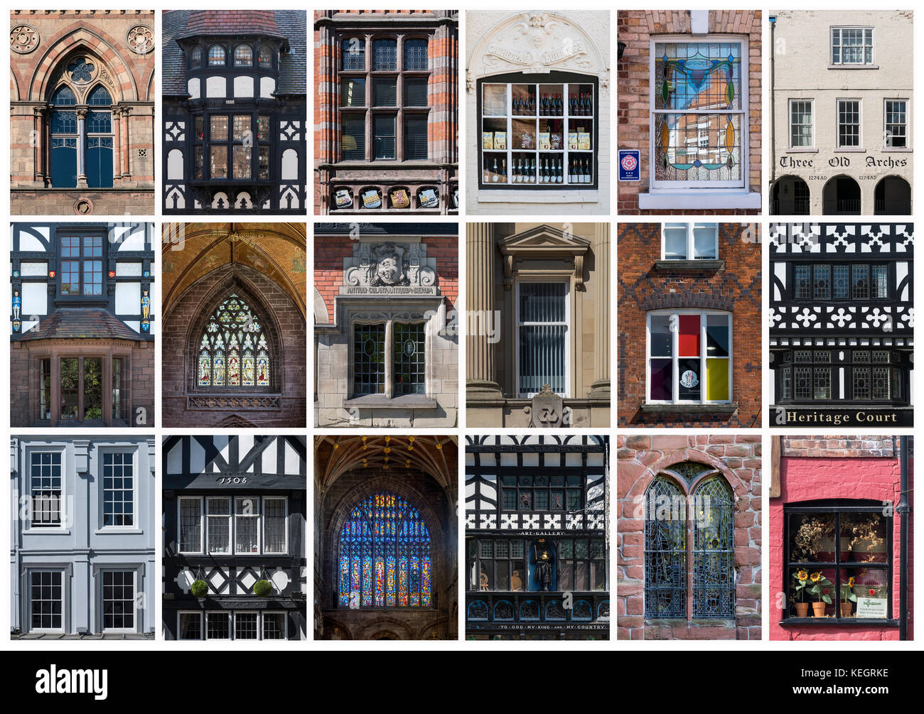 Montage of different windows in the city of Chester, Cheshire, England, UK Stock Photo