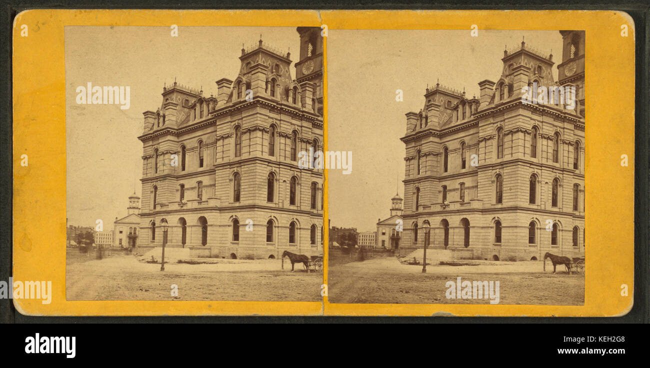 A part of city hall with old city hall in the background, by Bardwell