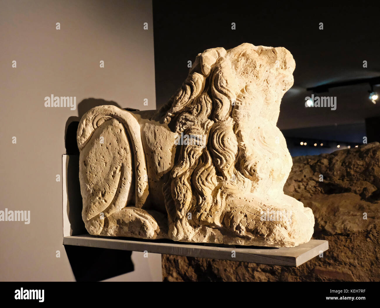 Funerary sculpture of a prostrated lion on display at Almoina Archaeological Museum, Valencia, Spain Stock Photo