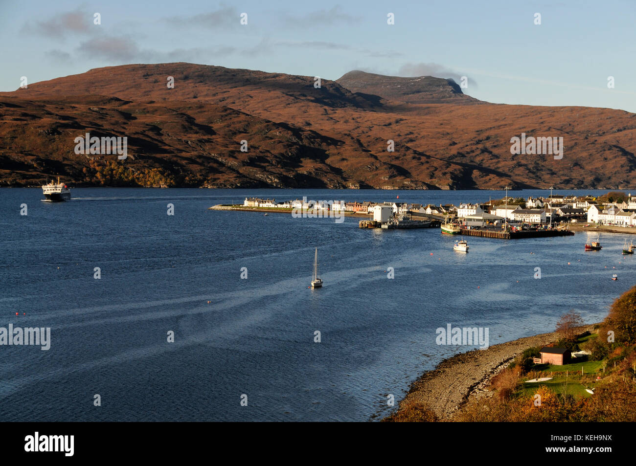 The daily Caledonian MacBrayne car ferry service sails into Ullapool on