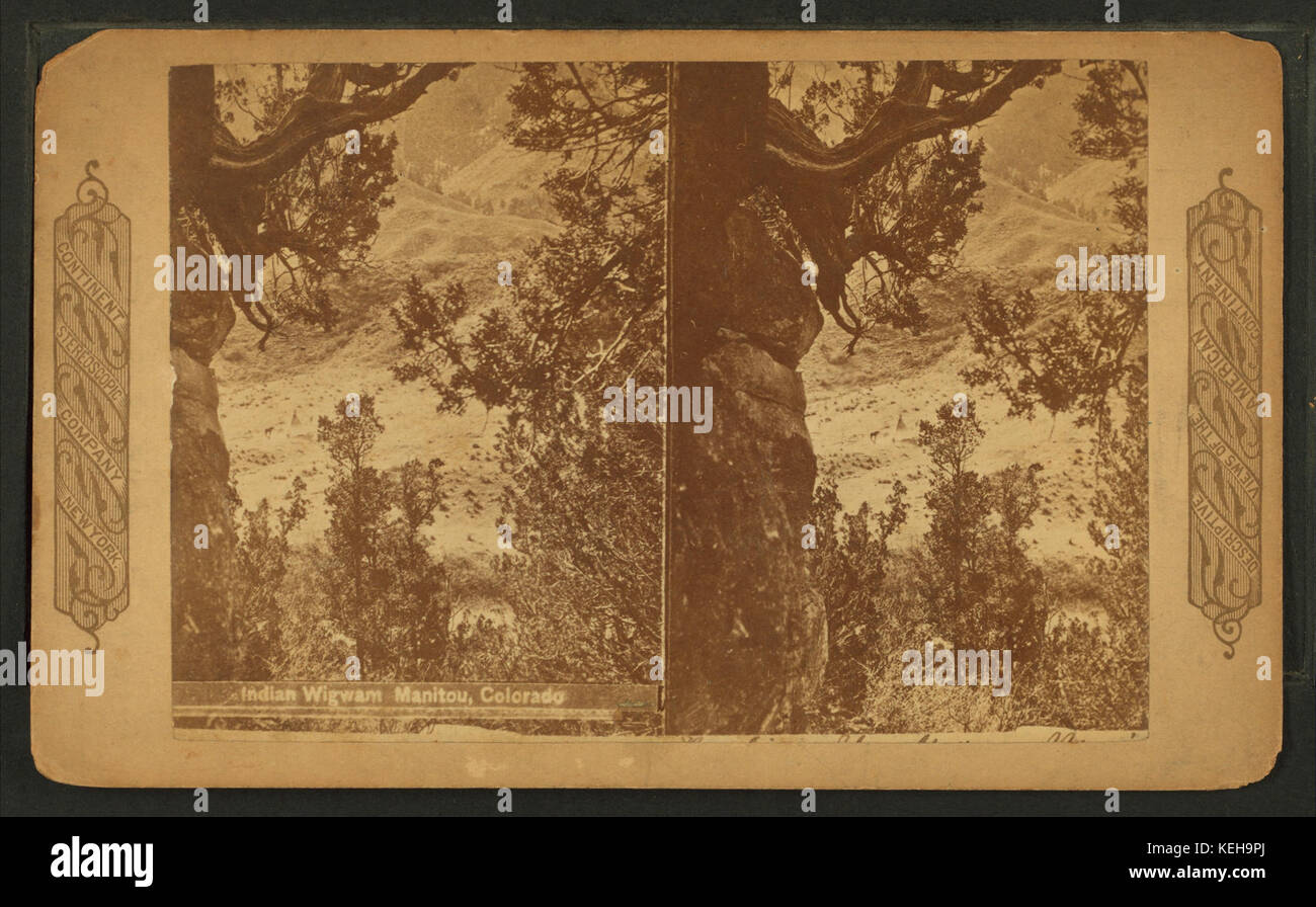 This stereoscopic photograph from the Robert N. Dennis collection shows an Indian wigwam located in Manitou, Colorado. The image captures the traditional structure used by Indigenous tribes in the region. Stock Photo