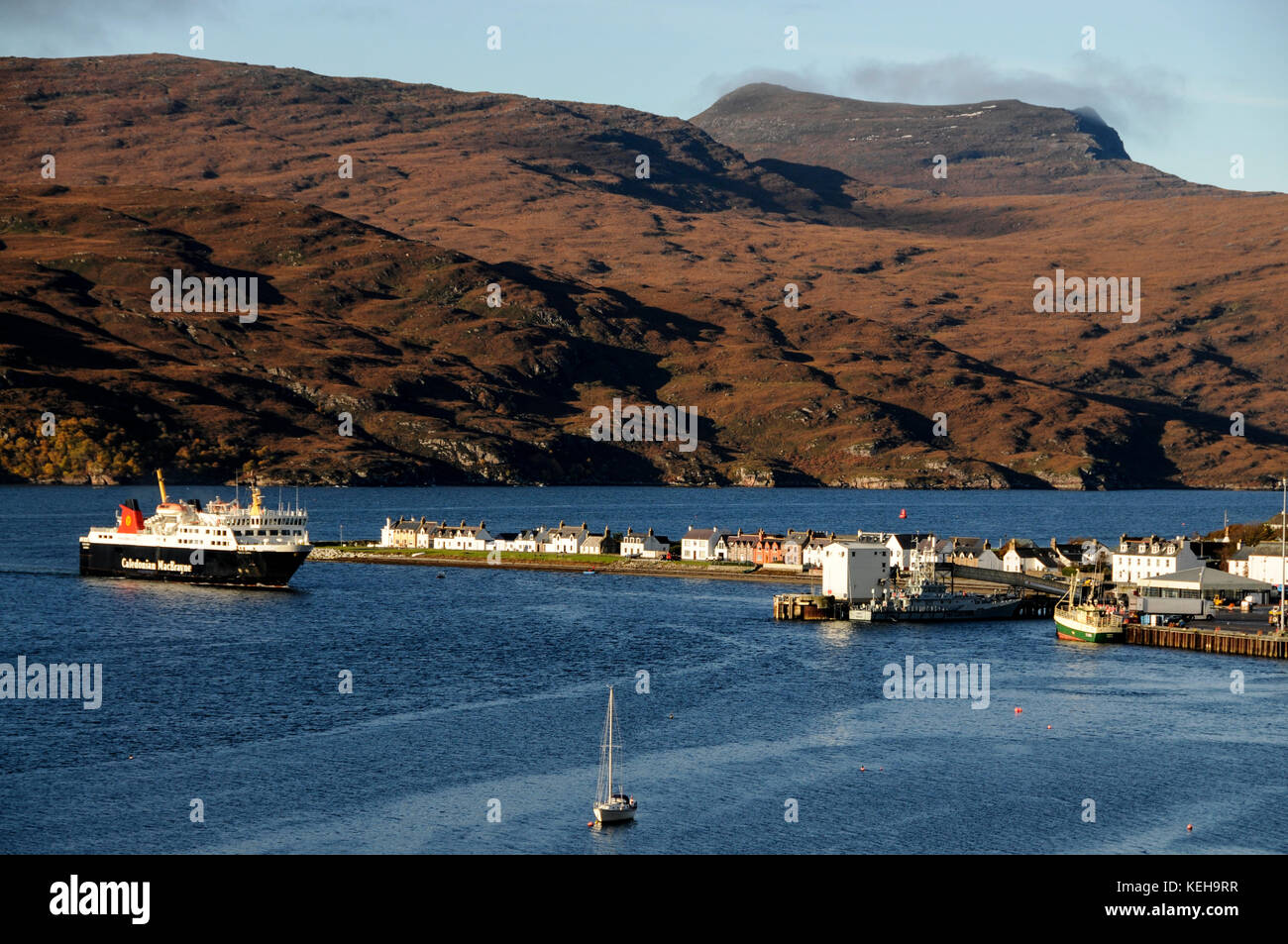 The daily Caledonian MacBrayne car ferry service sails into Ullapool on Loch Broom  from Stornoway in the Western Isles, Scotland. Stock Photo