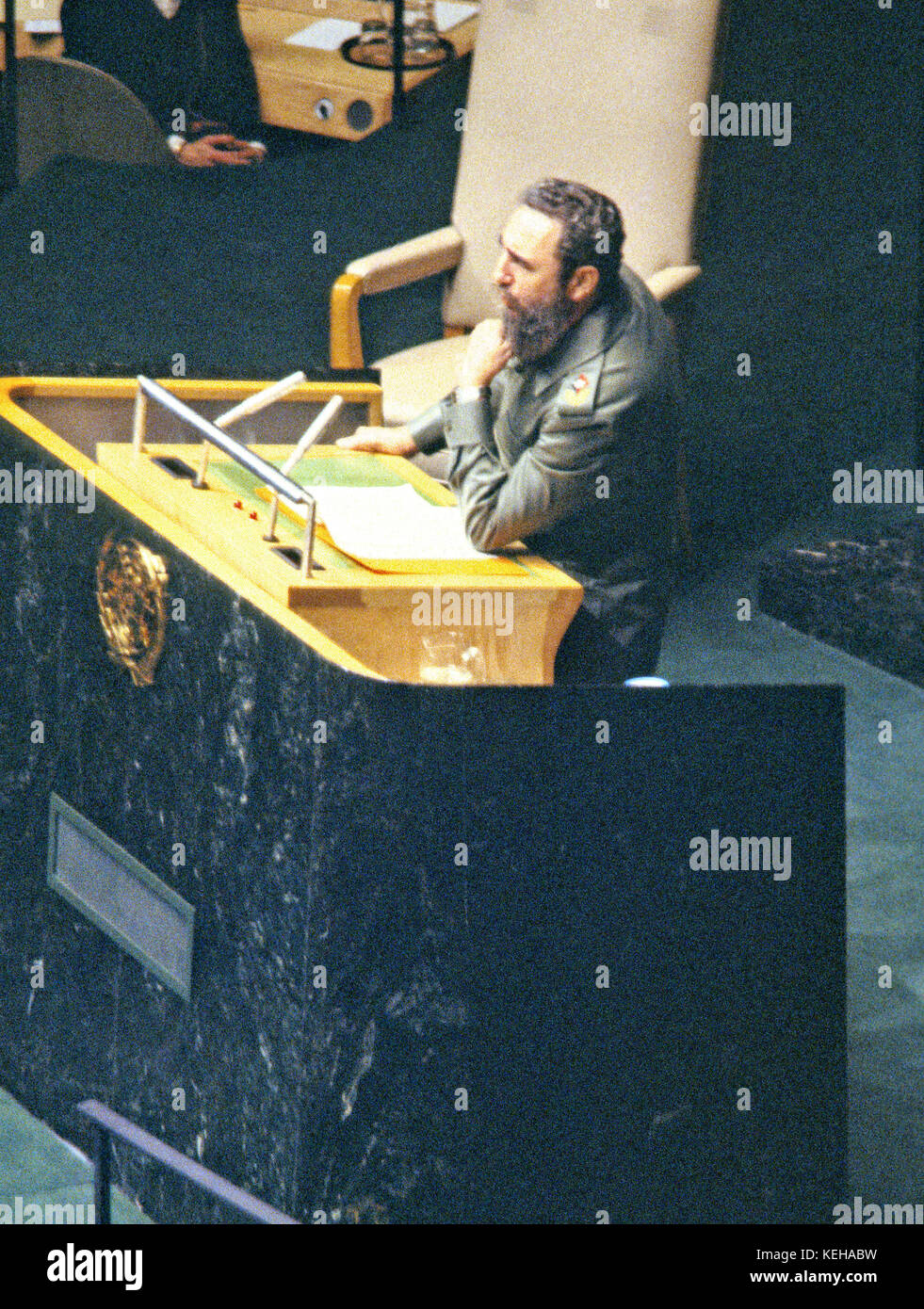 President Fidel Castro of Cuba addresses the United Nations General Assembly in New York, New York on October 15, 1979.  Castro's speech discussed the disparity between the world’s rich and the world's poor. Credit: Arnie Sachs / CNP /MediaPunch Stock Photo